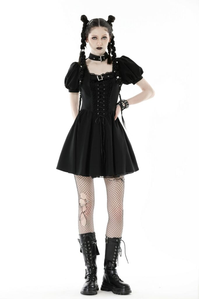 Lace Punk Black Dress Punk Rock Buckle Lace Up Dress – ShirtsNThingsAZ