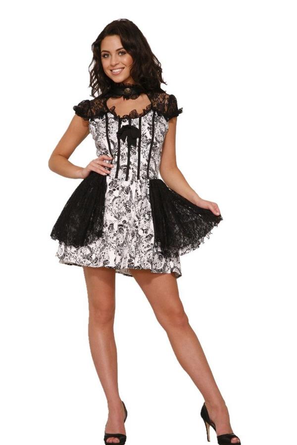 Gothic Mini White Dress with Black Skulls - XS