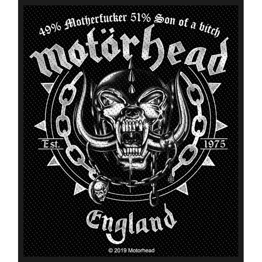 A woven patch depicting the Motorhead band logo with a skull and crossbones motif, and text including 'MOTORHEAD' and 'Ball and Chain'.