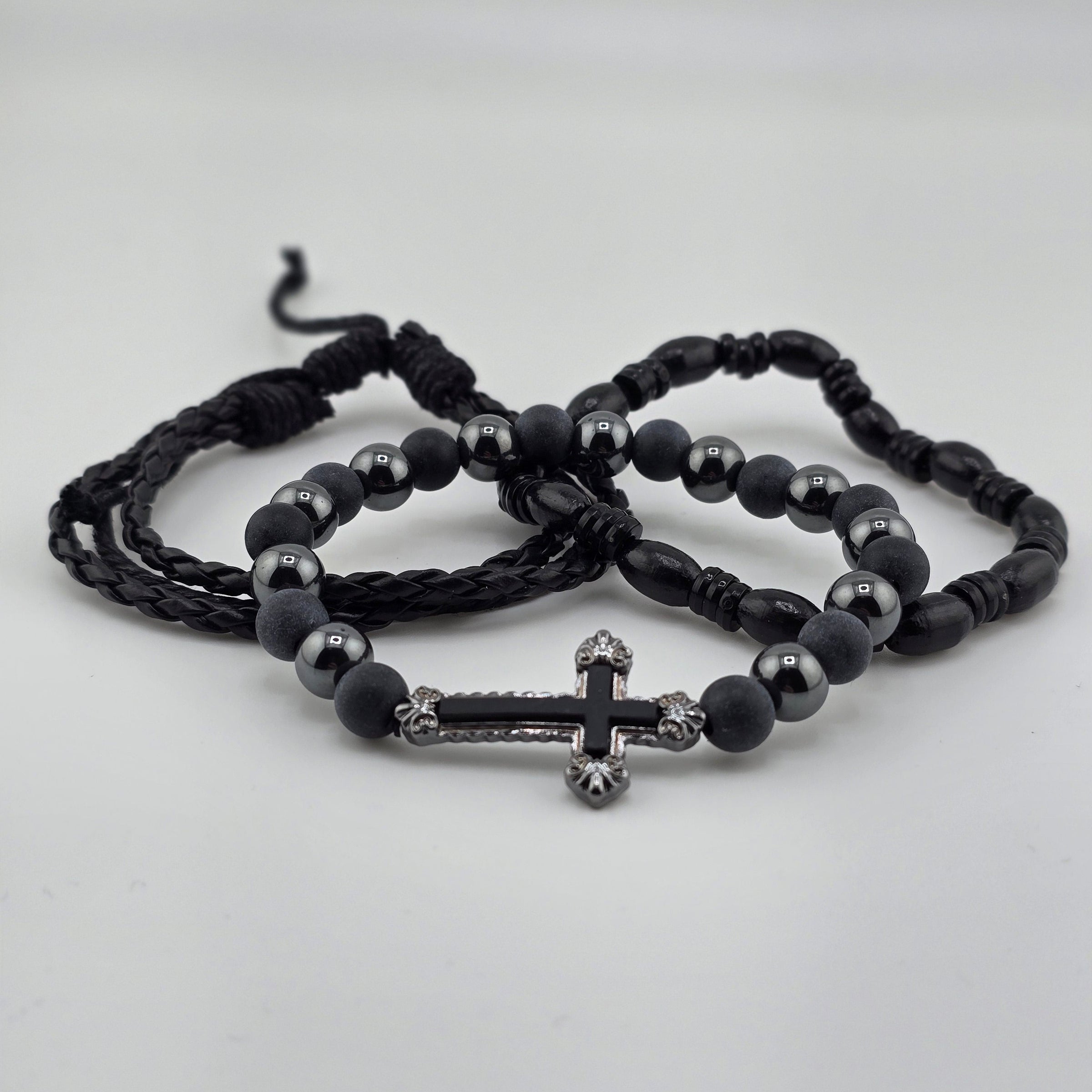 BR-3pk Blk Beaded & Cord Cross