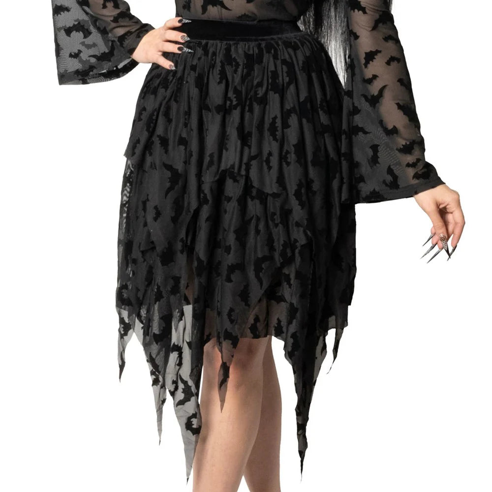 Bat Repeat Mesh Tiered Skirt