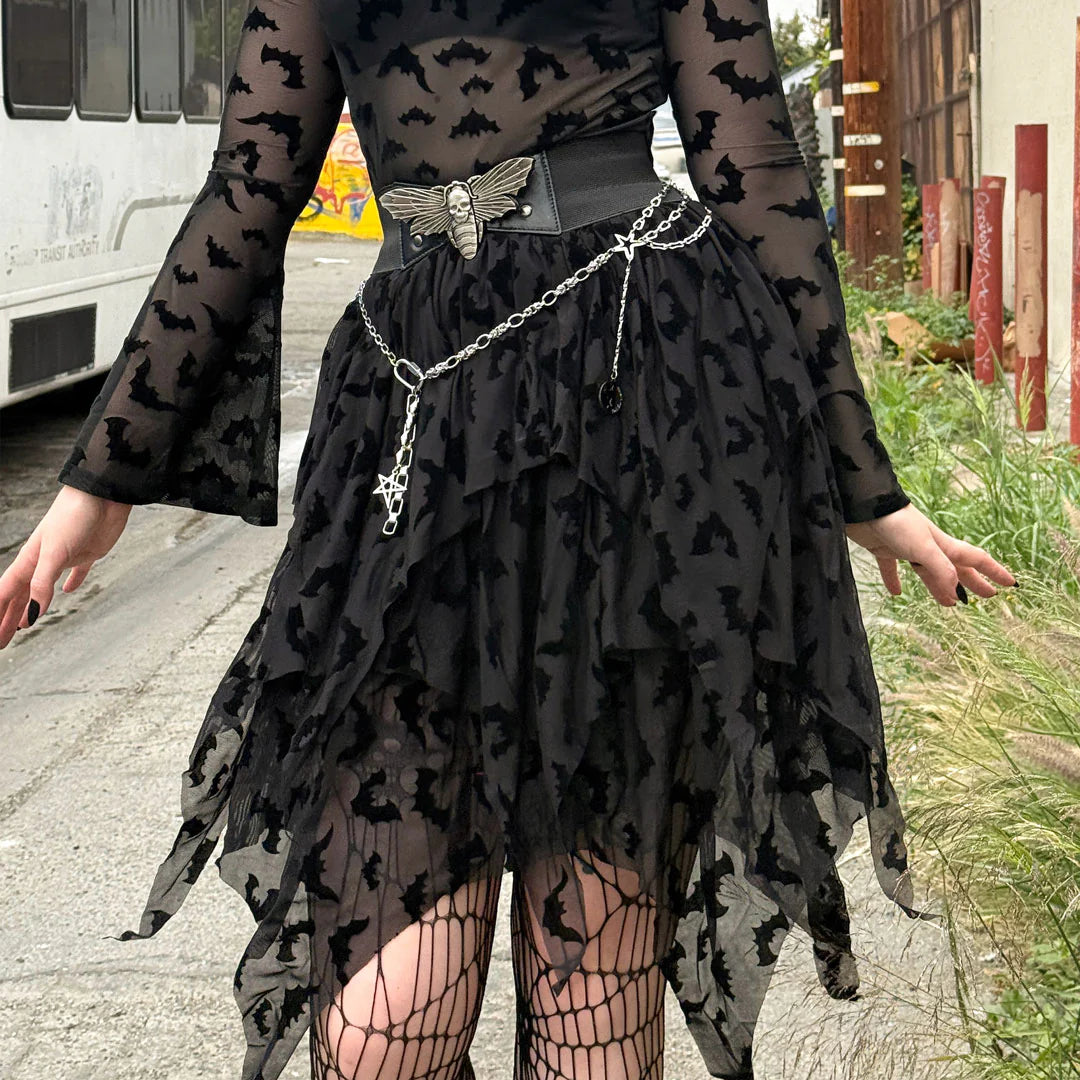 Bat Repeat Mesh Tiered Skirt