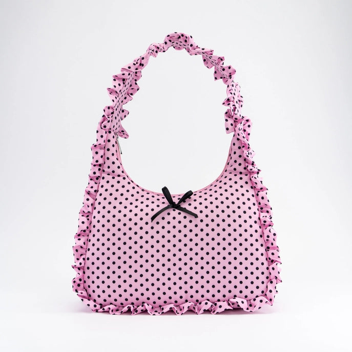 Pink Polka Dot Ruffled Bow Bagy)