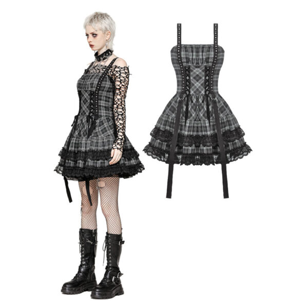 Plaid Ruffle Lace Strap BLK/GRY