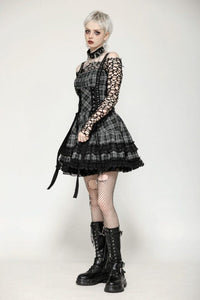 Plaid Ruffle Lace Strap BLK/GRY