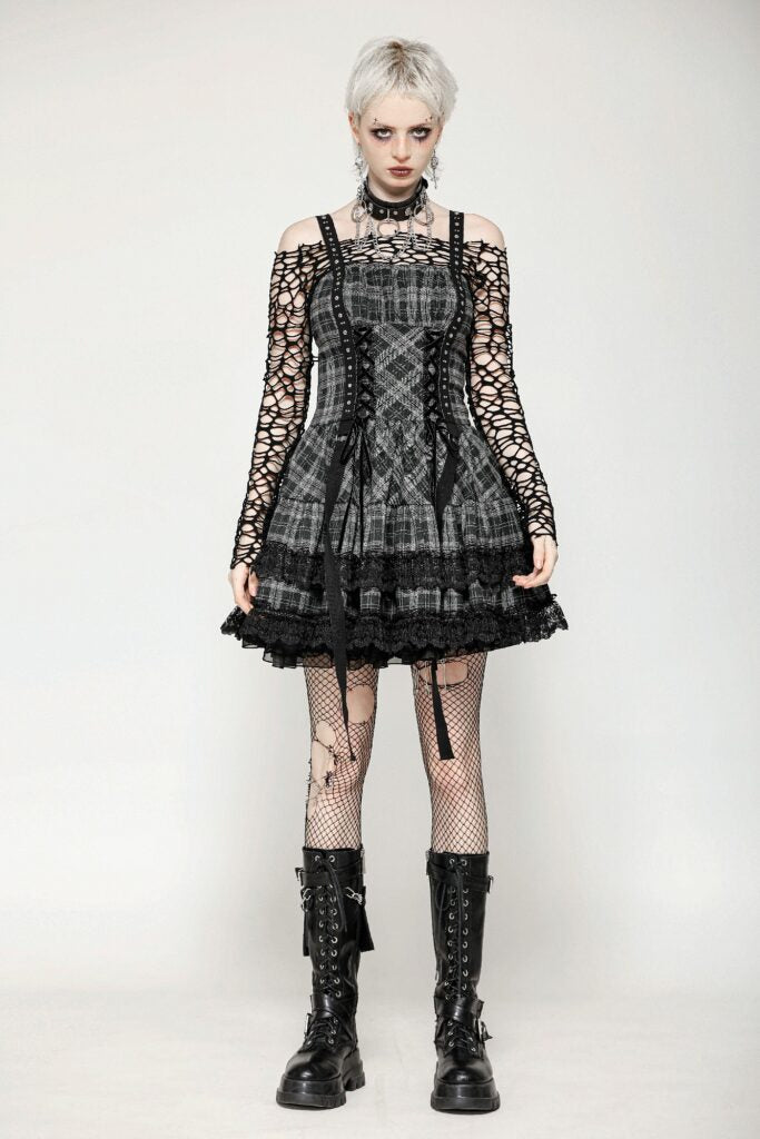 Plaid Ruffle Lace Strap BLK/GRY