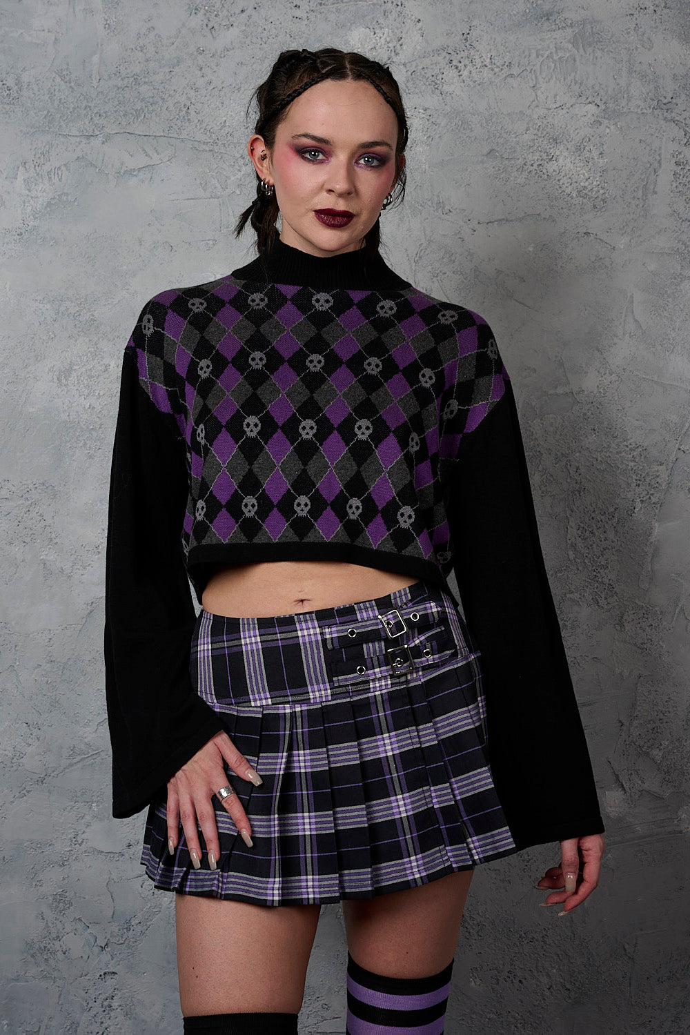 Skull Argyle Crop Jumper Blk/Pu