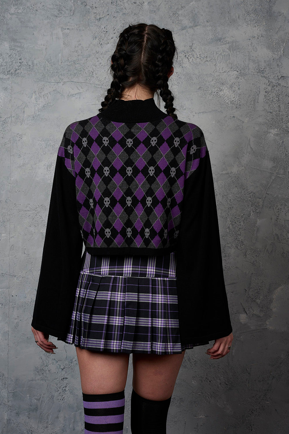 Skull Argyle Crop Jumper Blk/Pu