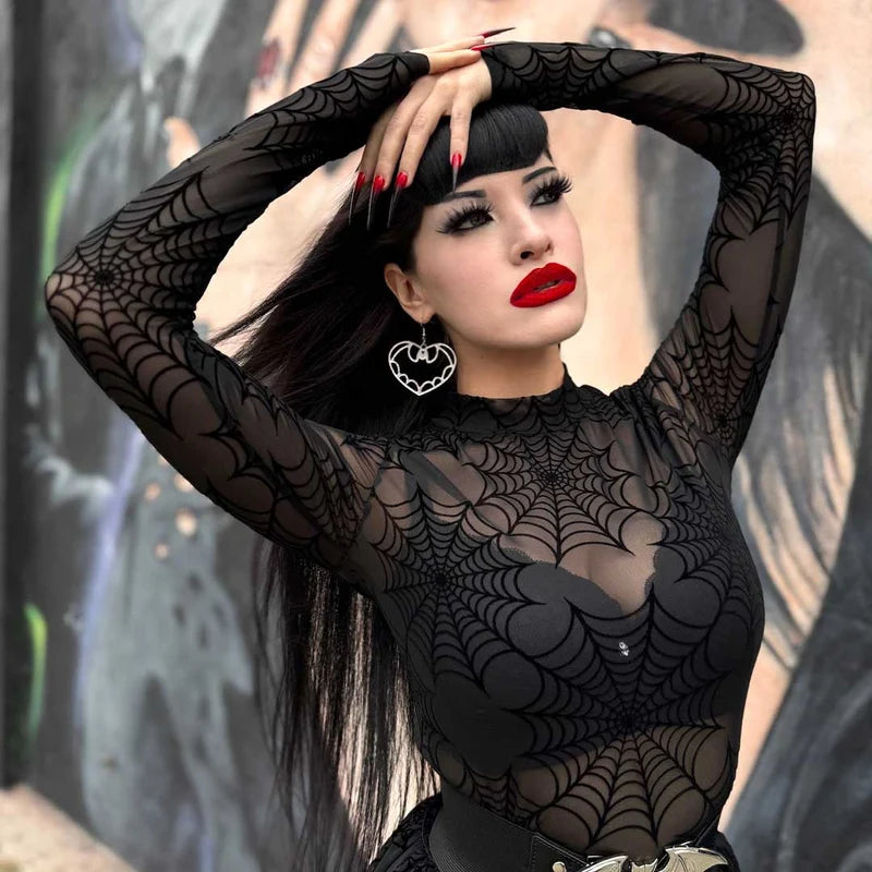 Spiderweb Mesh Mock Neck Top