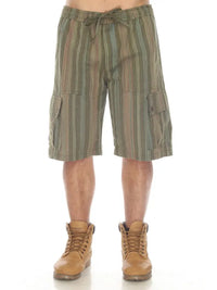 Stripe Cotton Cargo Shorts-Moss