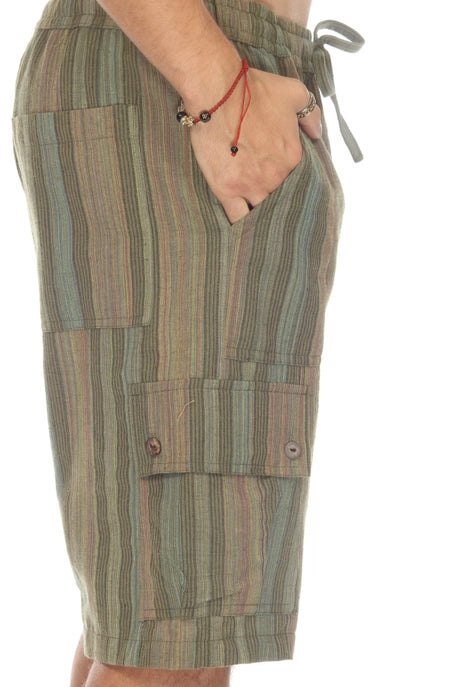 Stripe Cotton Cargo Shorts-Moss