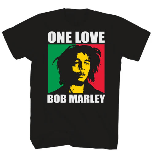 Black t-shirt with Bob Marley graphic and 'One Love' text on a white background