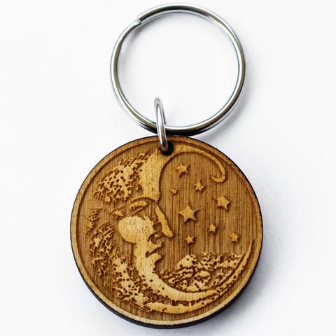 Moon Woodcut Key Chain