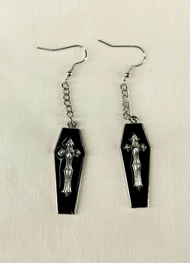 Coffins Black with Cross Dangle Earrings