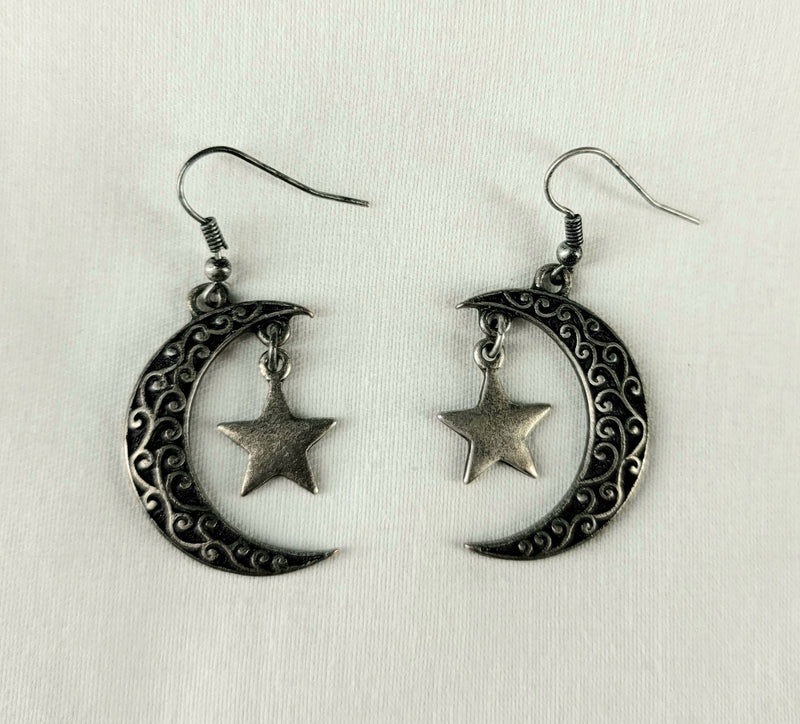Silver Moon and Star Antique Finish Earrings