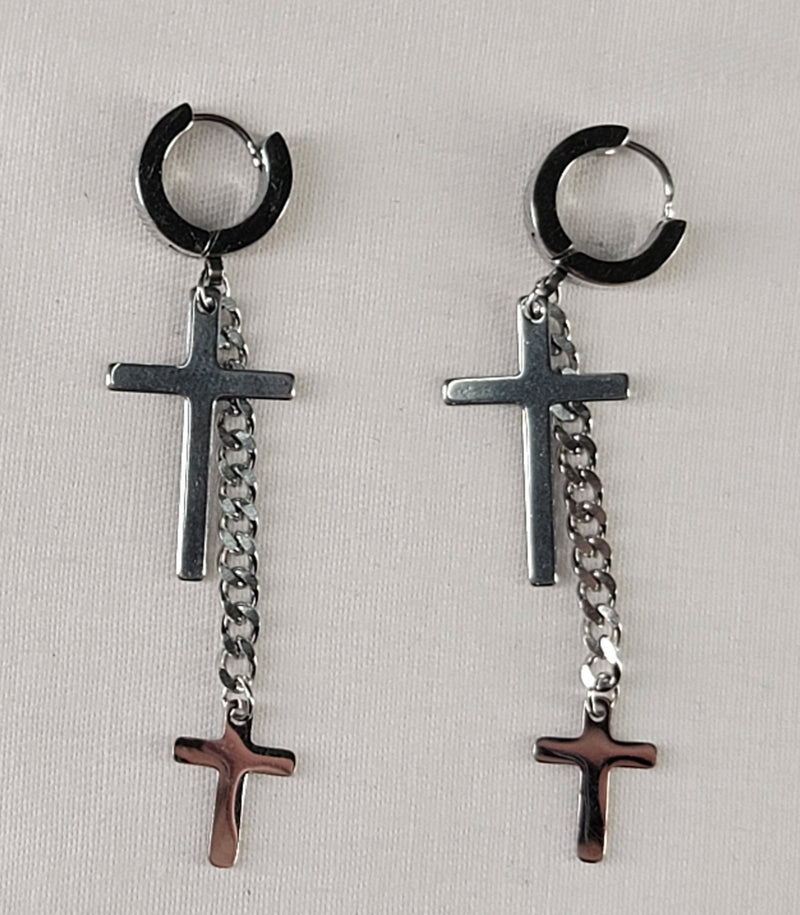 Stainless Steel Dangle Cross with Chain Earrings