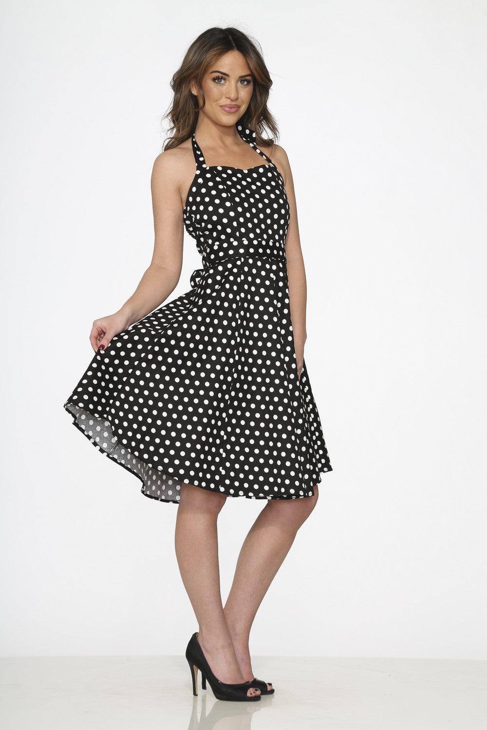 Black White Polka Dot Halter Dress ShirtsNThingsAZ
