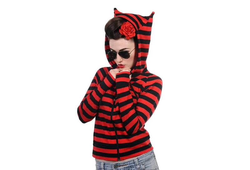 Cat Ears Striped Black and Red Hoodie