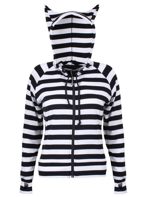 Cat Ears Striped Black and White Hoodie