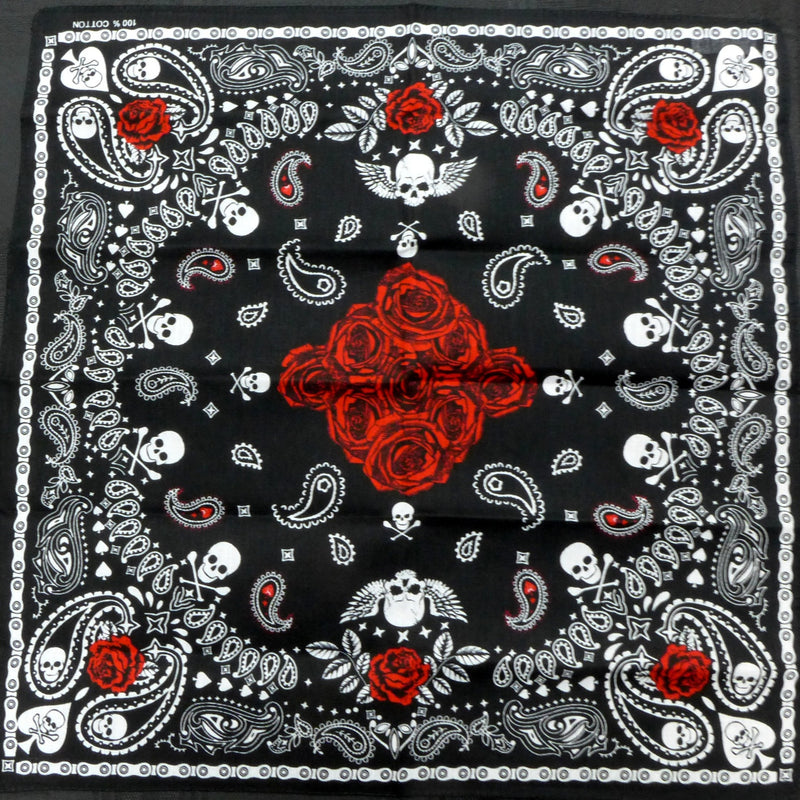 Skull Rose Black Paisley Square Bandana