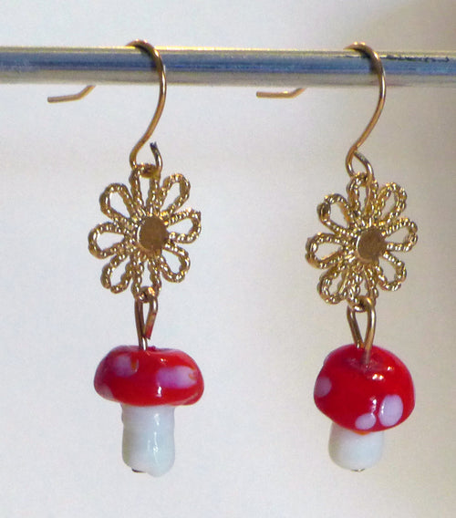 Assorted Color/Random Pick Mushroom w/gold Daisy Earrings (1 Pair)