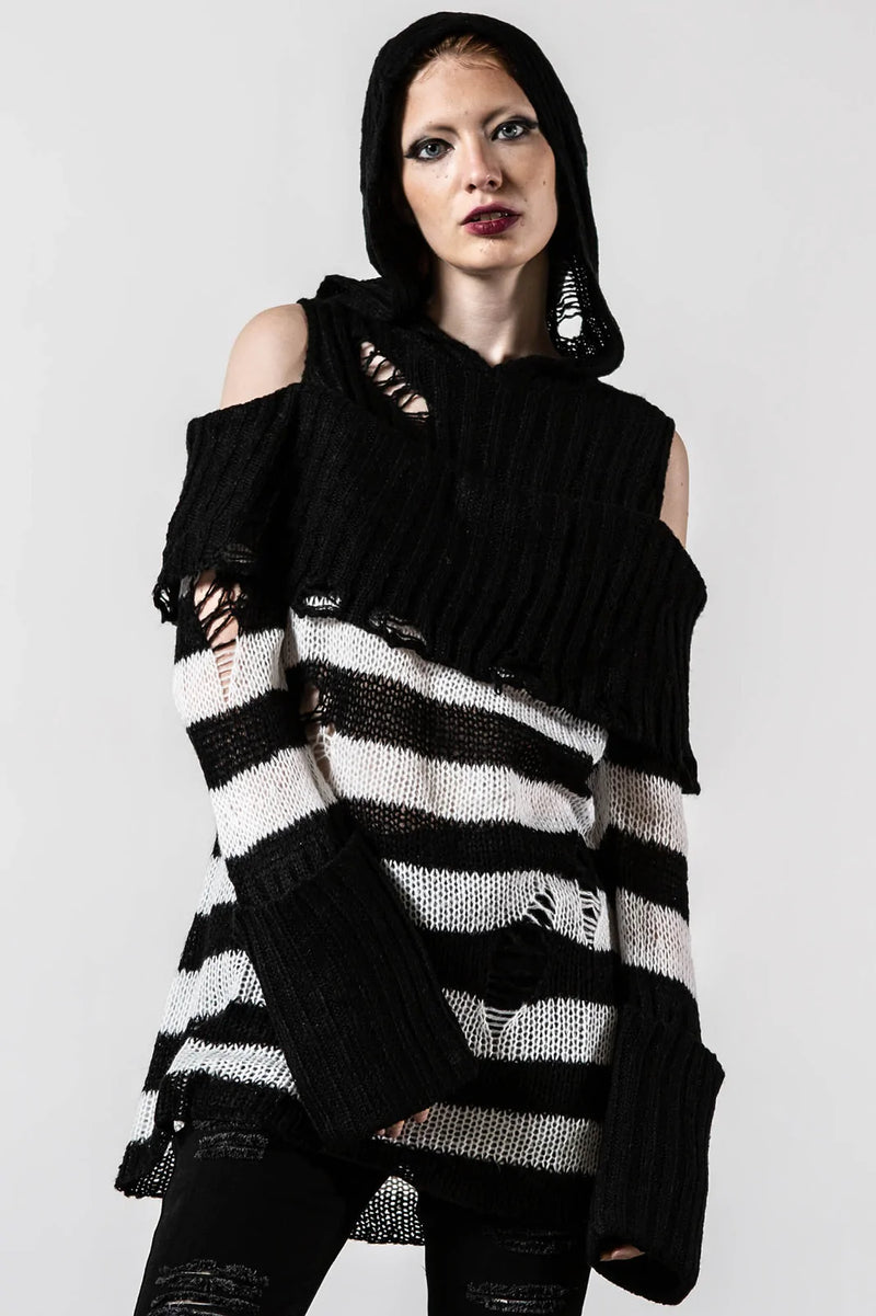 Poison Hooded Blk/Wht Knit Sweater