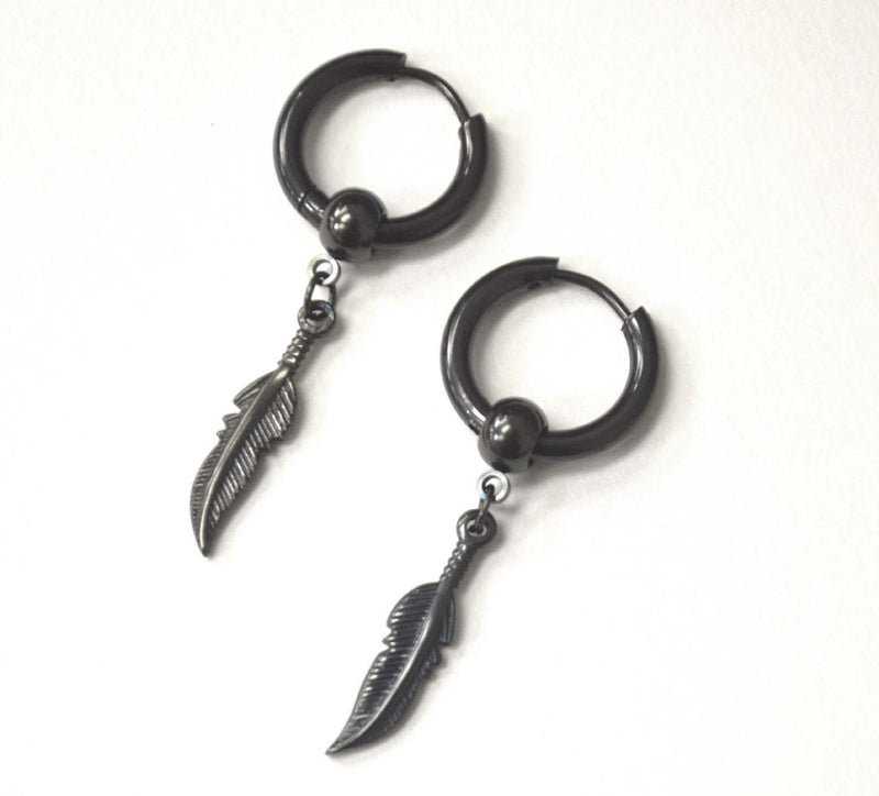 Black Hoop with Feather Stainless Steel Earring
