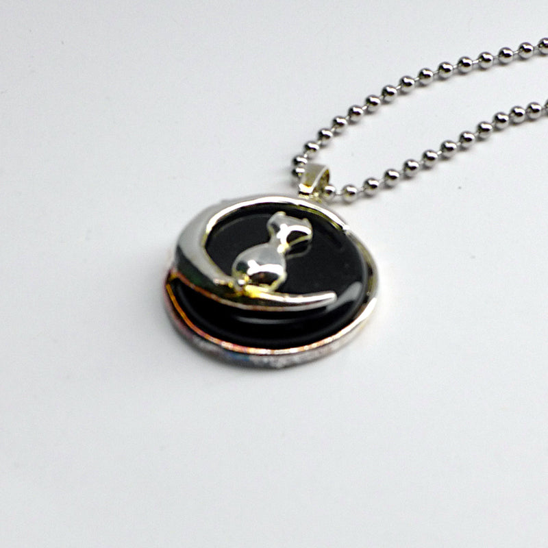 Cat on Moon Black Necklace