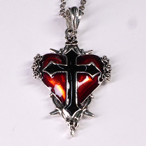 Large Red Heart Black Cross Necklace