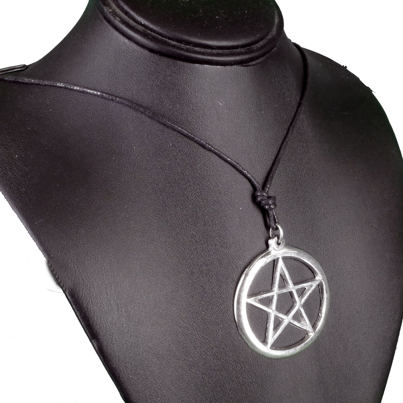 Large Pentacle Silver On Cord Necklace