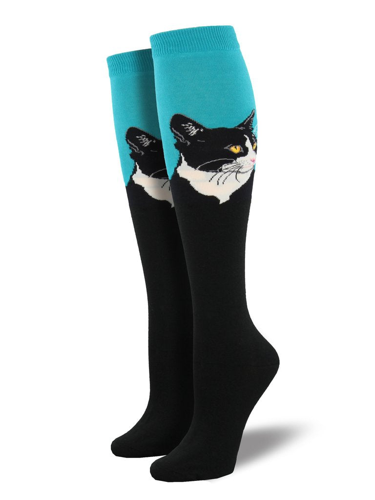 Cat Portrait Turquoise Knee High